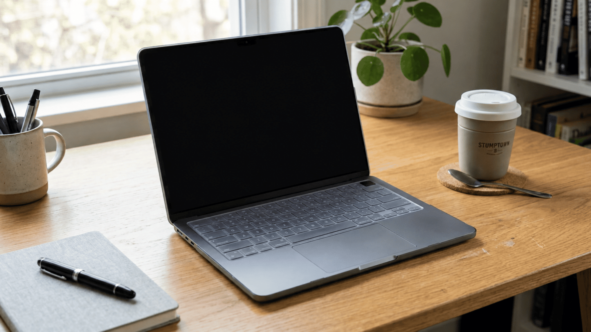 MacBook with black screen and keyboard cover on a wooden desk near coffee