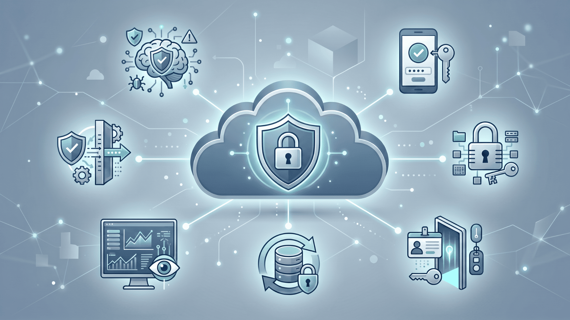 Secure cloud diagram with MFA, encryption, monitoring, and backup icons