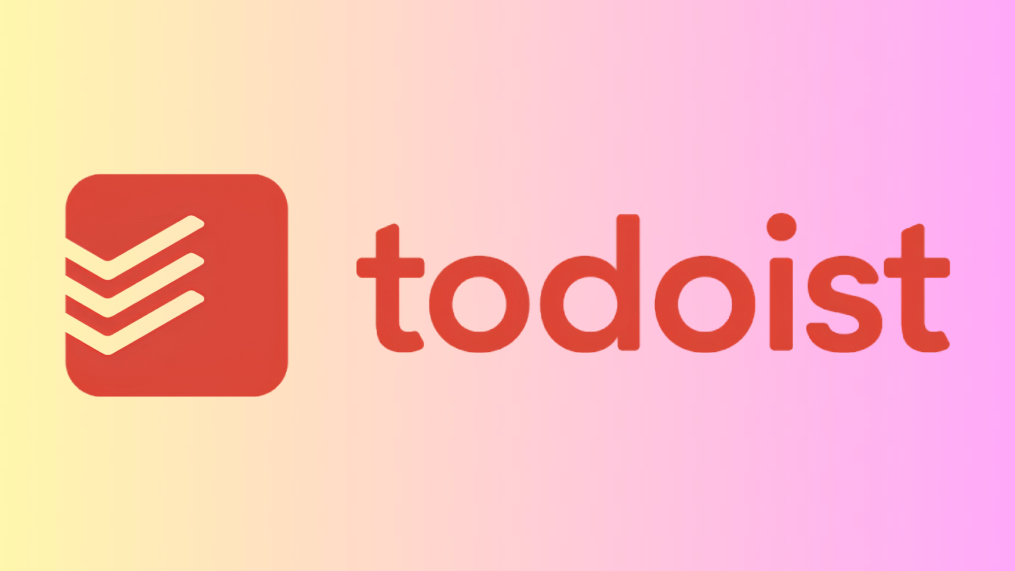 Todoist logo with red icon and text on a soft yellow and pink gradient background.