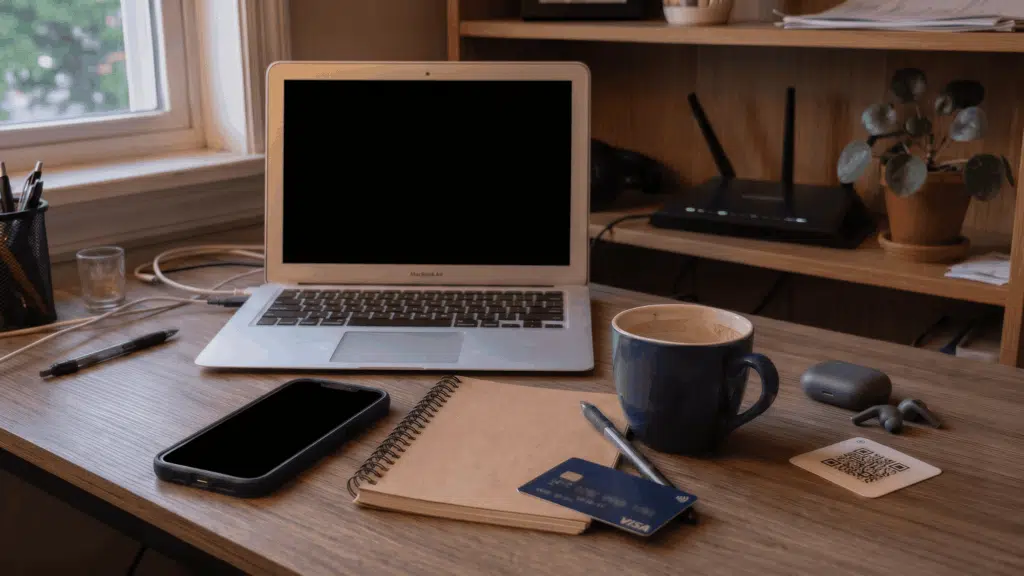 Home office desk with laptop, phone, bank card, QR code, and router.