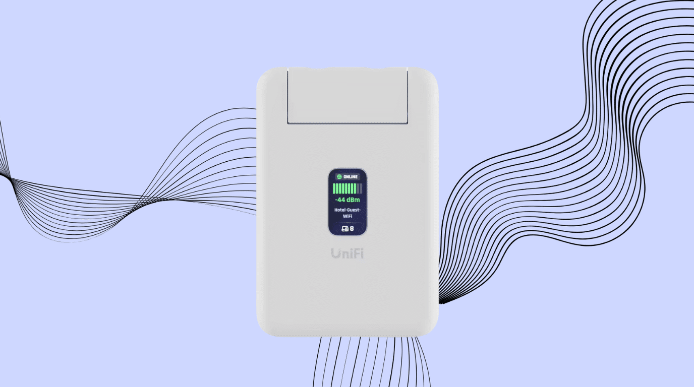 Ubiquiti UniFi travel router with display showing WiFi signal and connection status.