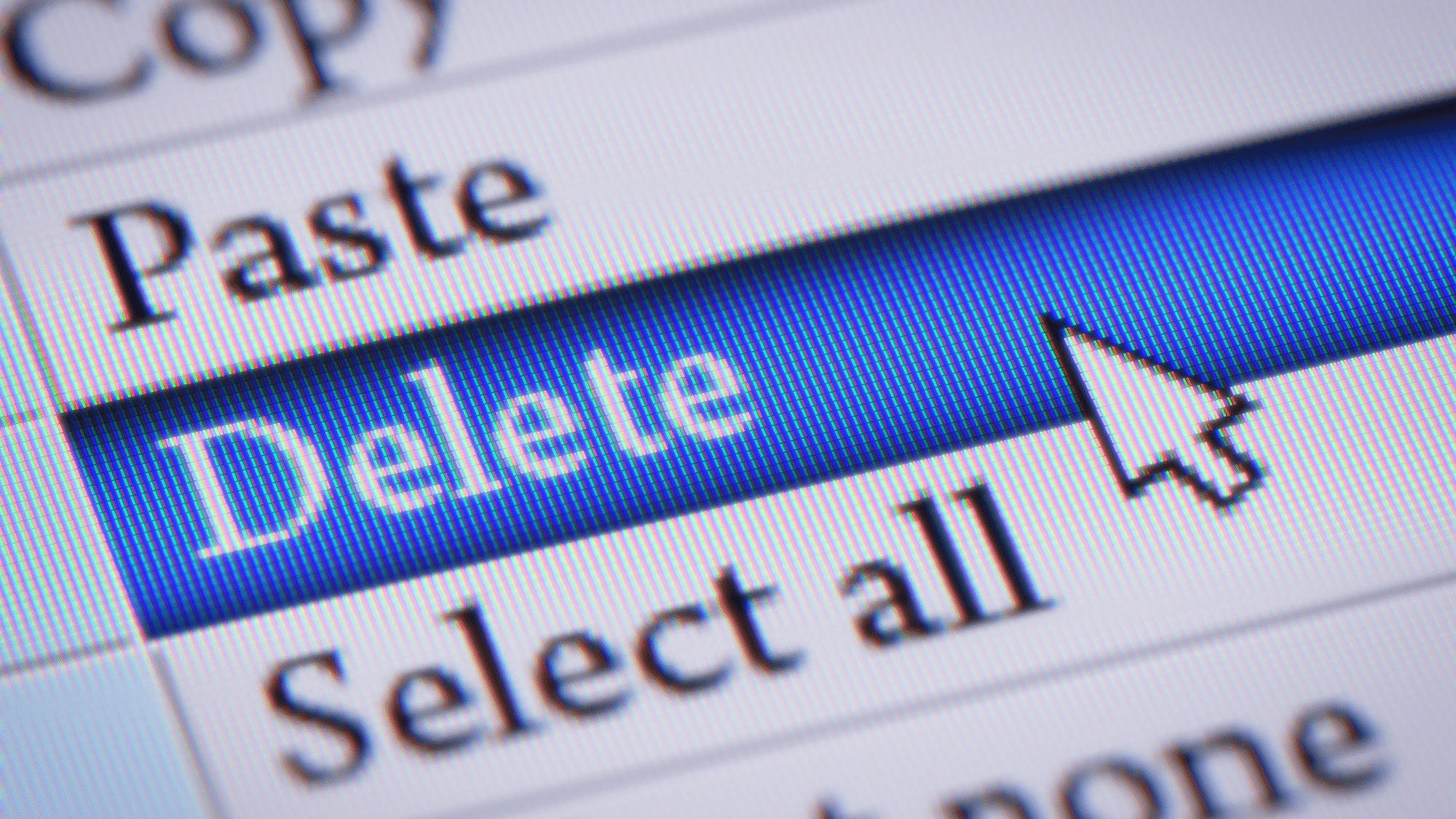 Computer screen context menu with Delete option highlighted in blue and cursor hovering over it.