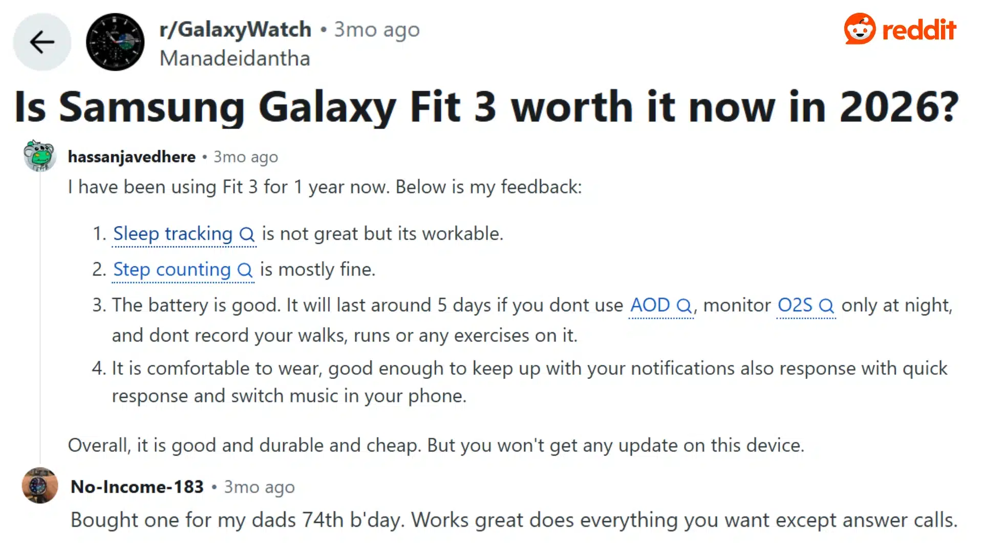 user review of Fitbit Fit 3 on Reddit showing feedback on sleep, steps, battery, and comfort