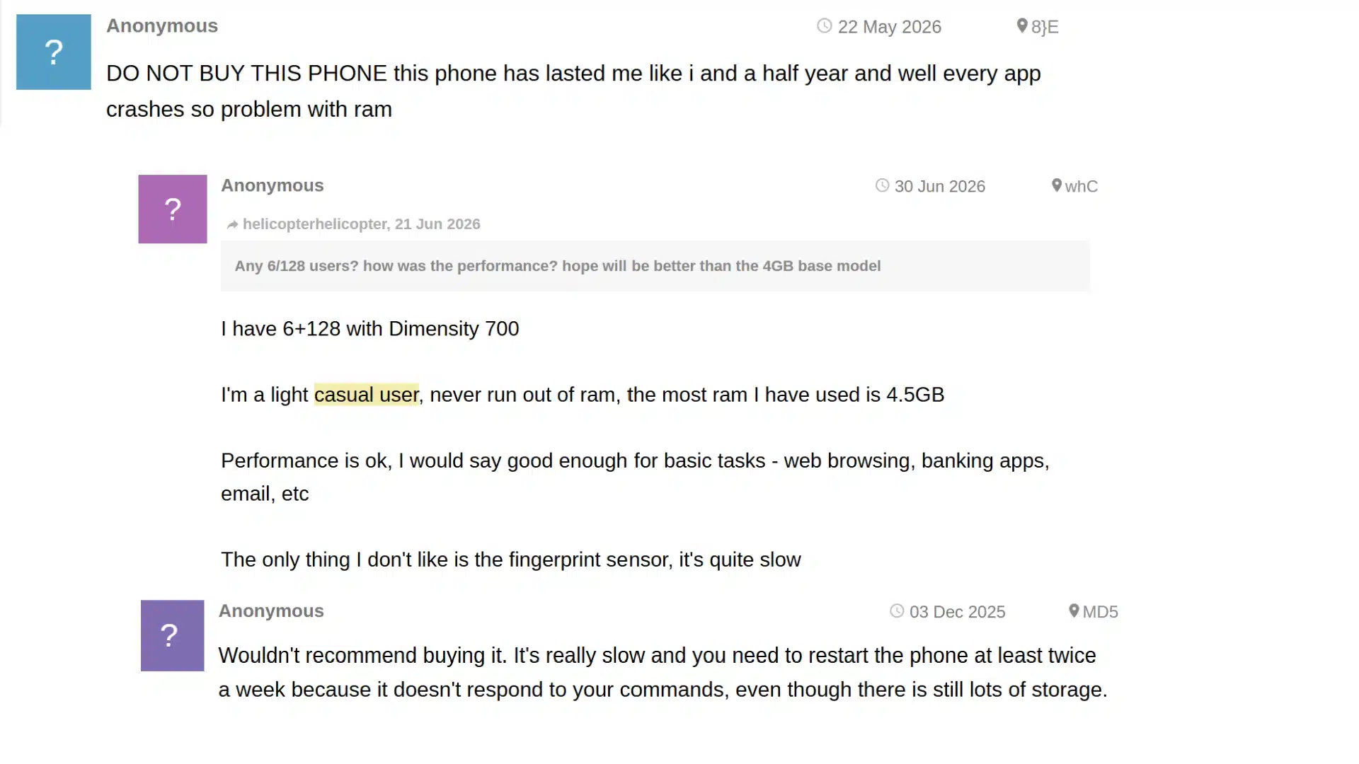 users sharing mixed reviews about smartphone performance issues including ram problems and slow response times