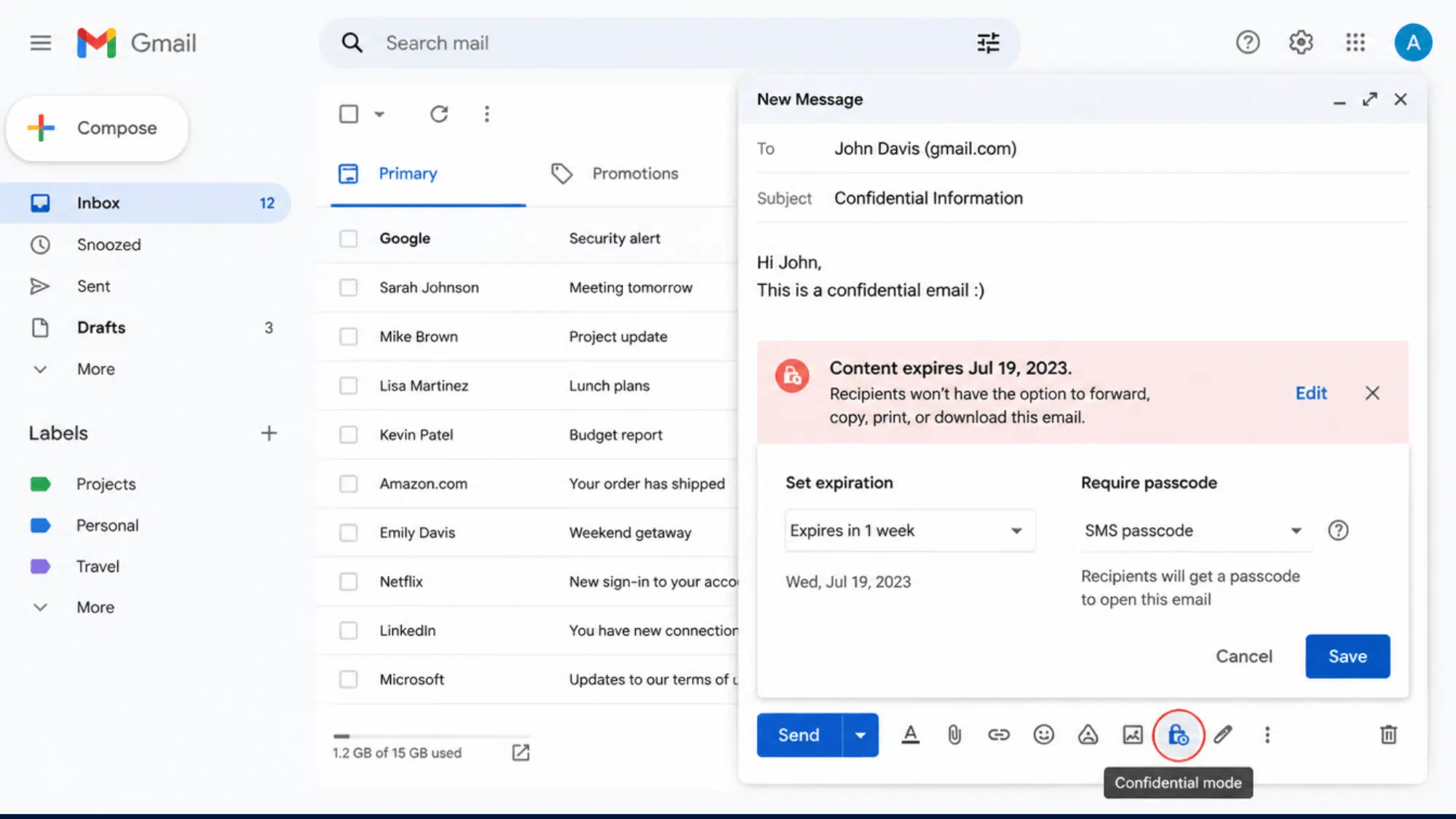 Gmail Confidential Mode settings with email expiration and SMS passcode