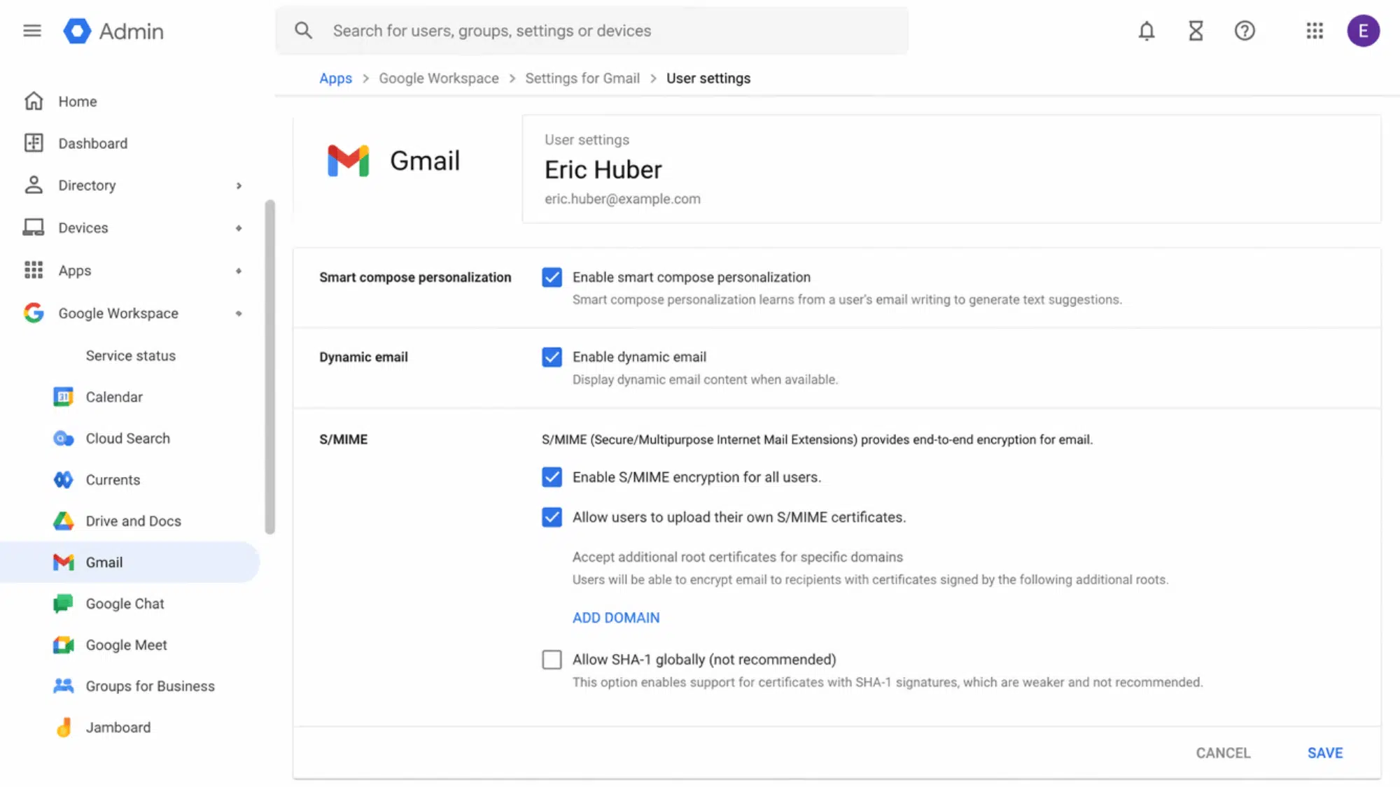 Gmail S/MIME encryption settings in the Google Workspace