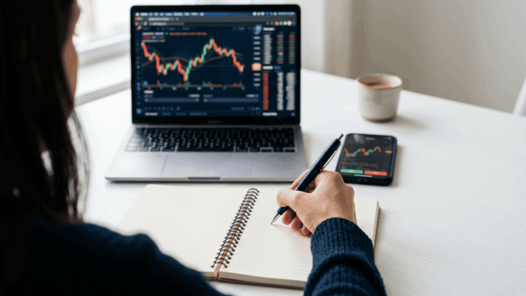 Person reviewing financial charts on laptop and phone while taking notes