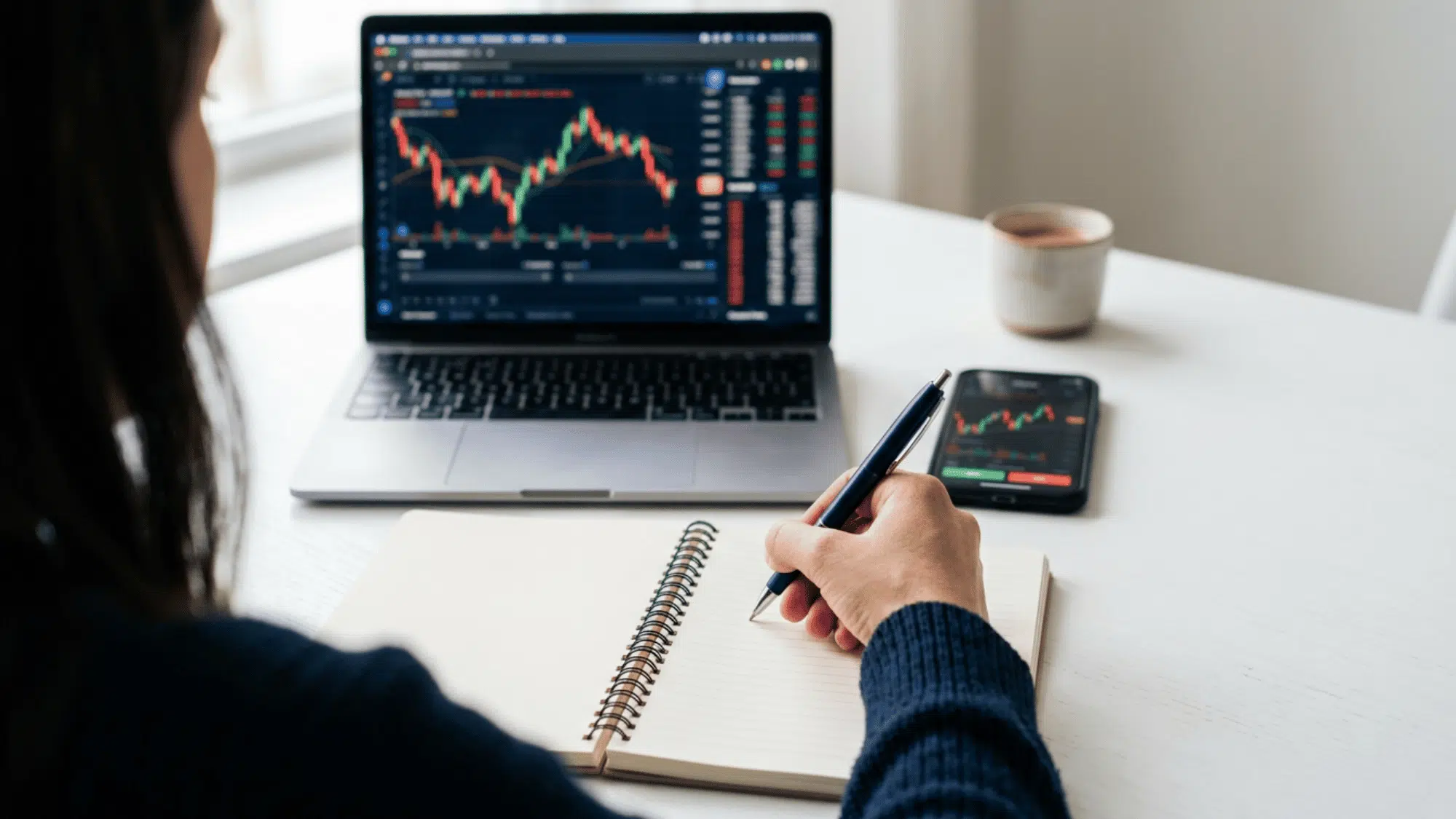 Person reviewing financial charts on laptop and phone while taking notes