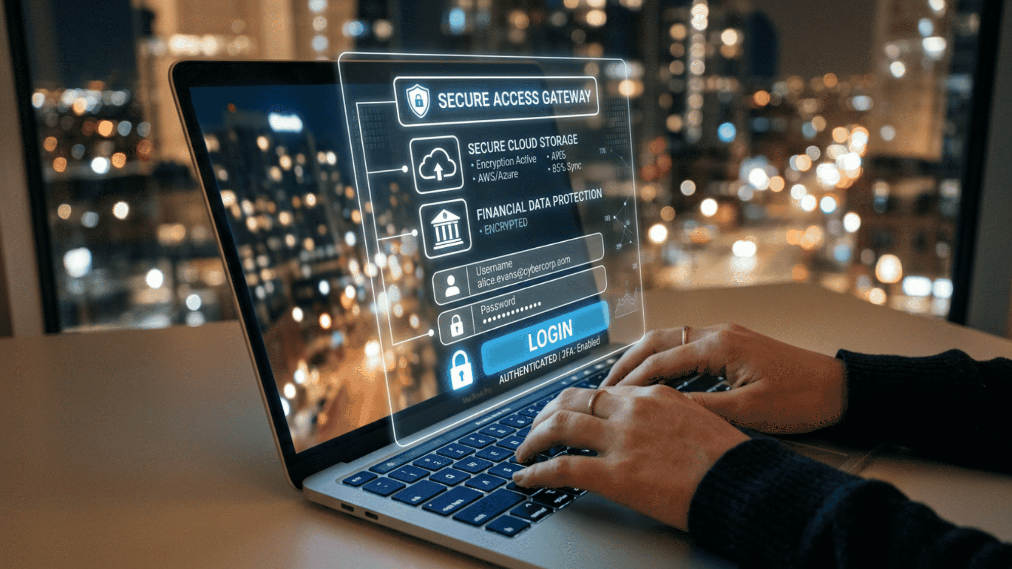 Laptop screen showing secure login and encrypted cloud data protection interface
