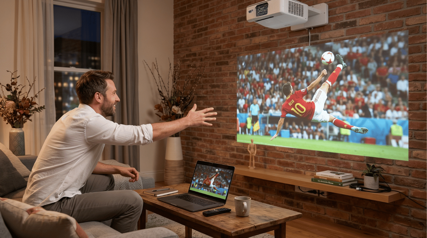 A man sitting on a couch wirelessly casting a soccer match from his laptop to a ceiling-mounted projector displaying the game on a large brick wall screen, with no cables connecting the two devices.