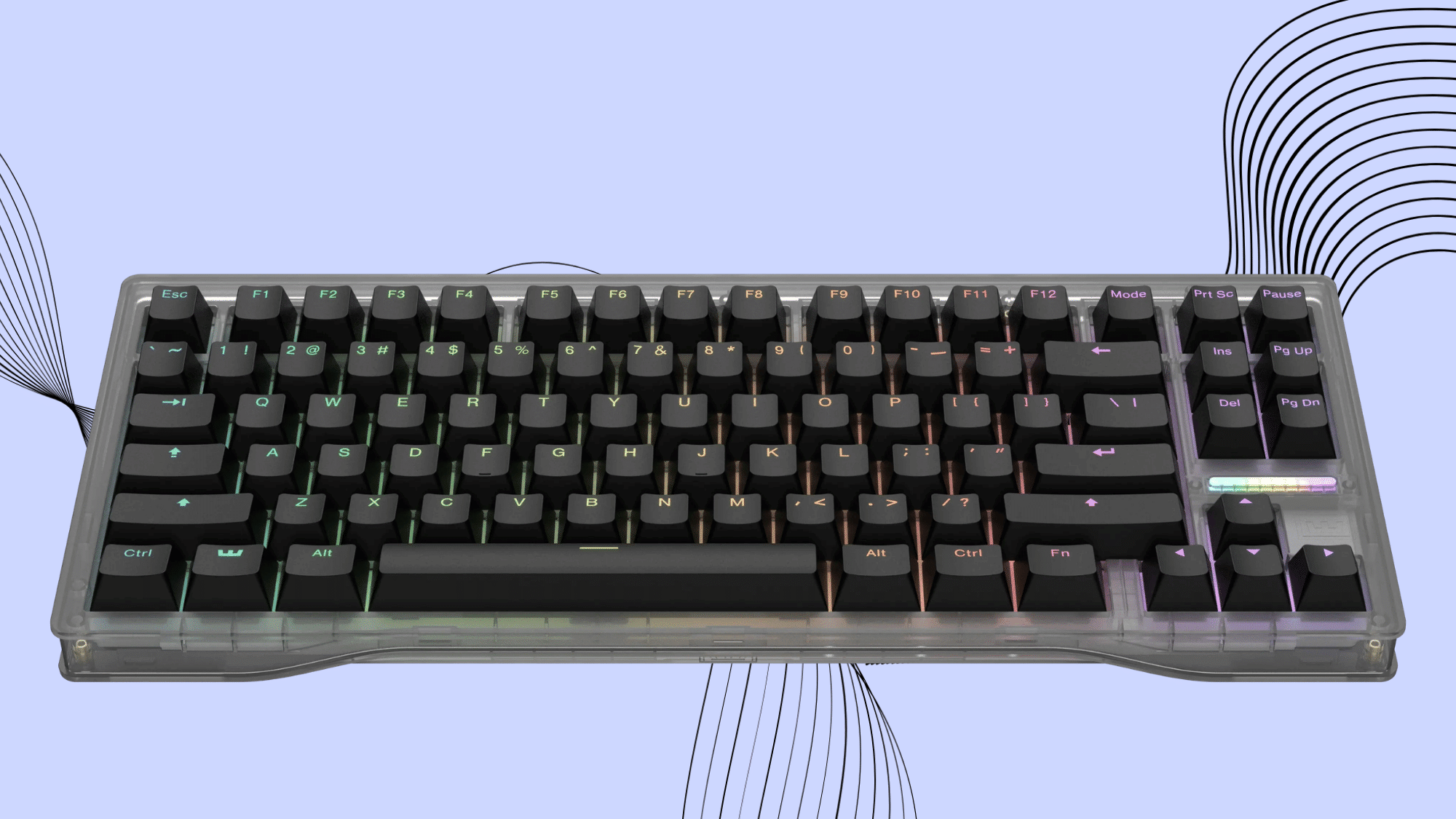 Transparent mechanical keyboard with RGB lighting and black keycaps on a minimalist abstract background.