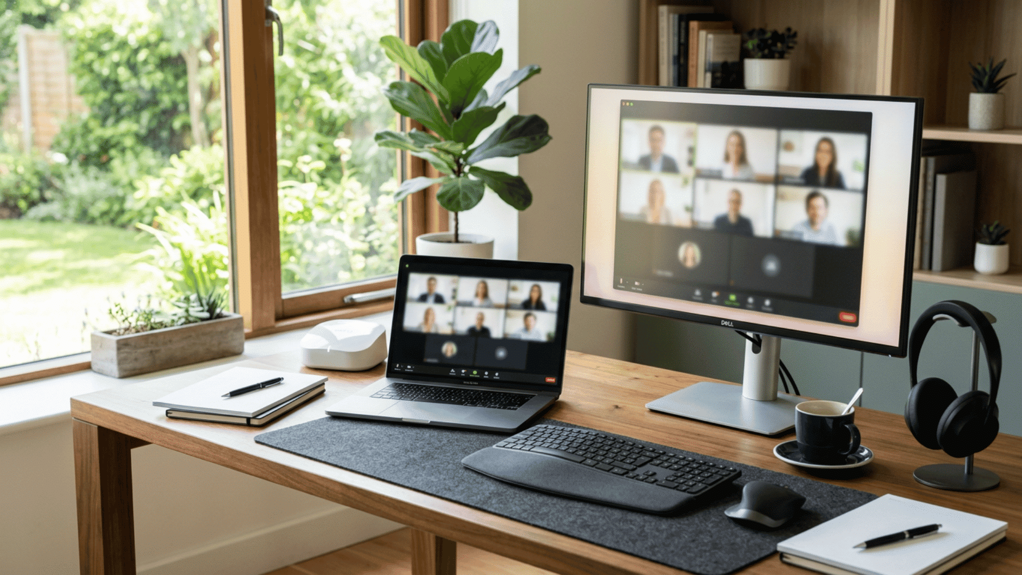 Work-from-home desk with video calls on laptop and monitor