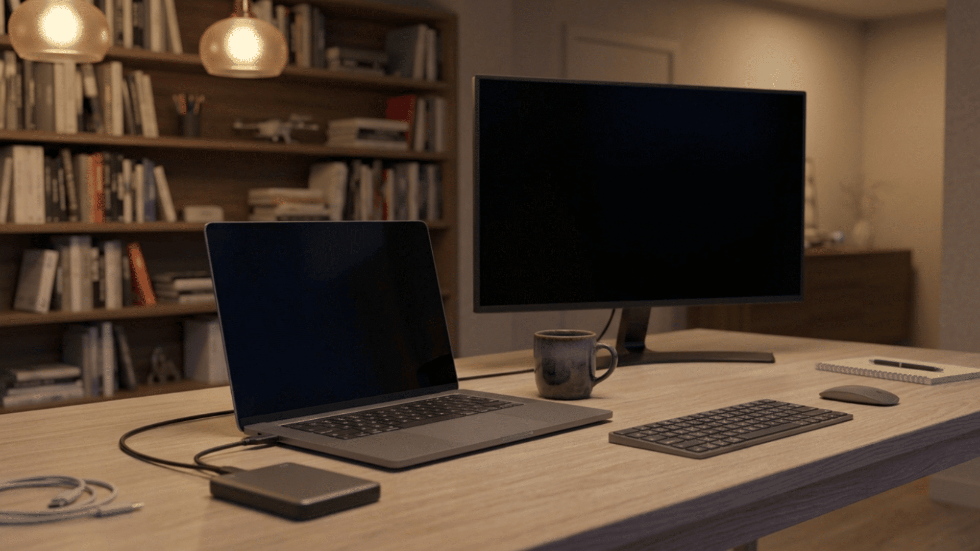 Home office with laptop, external drive, monitor, and coffee mug on a wood desk