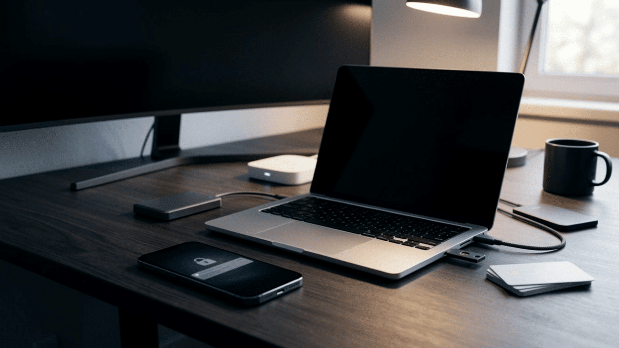 Phishing recovery setup with laptop, phone, USB drive, and security lock