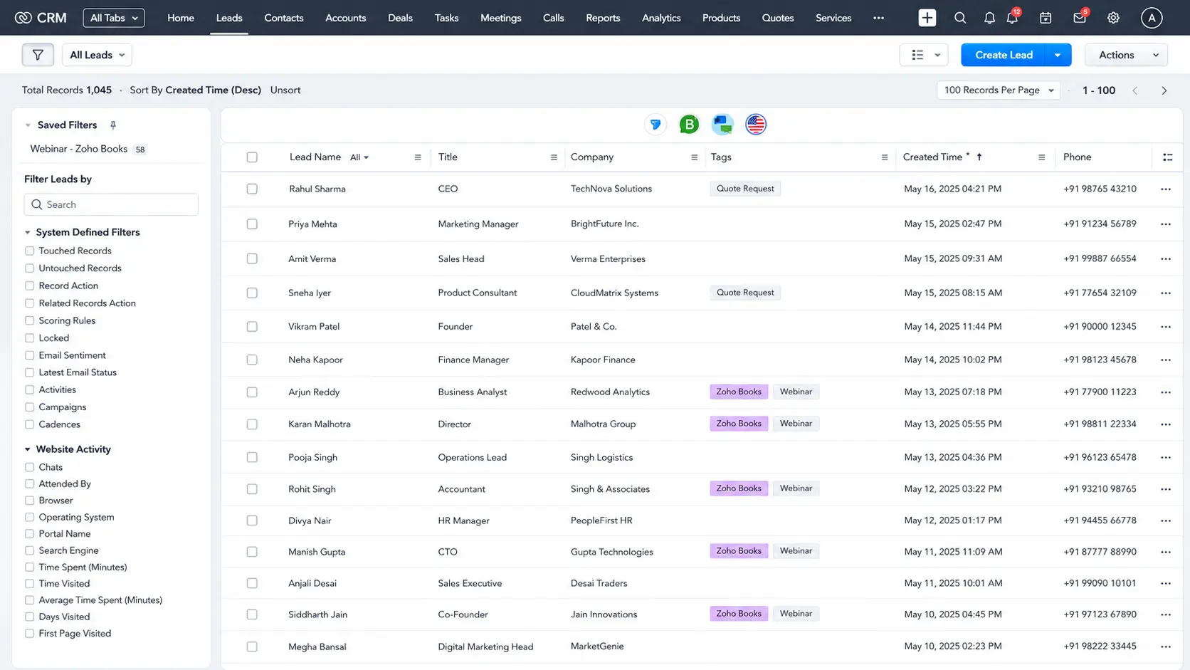Zoho CRM interface showing lead management contacts workflows and sales performance tracking