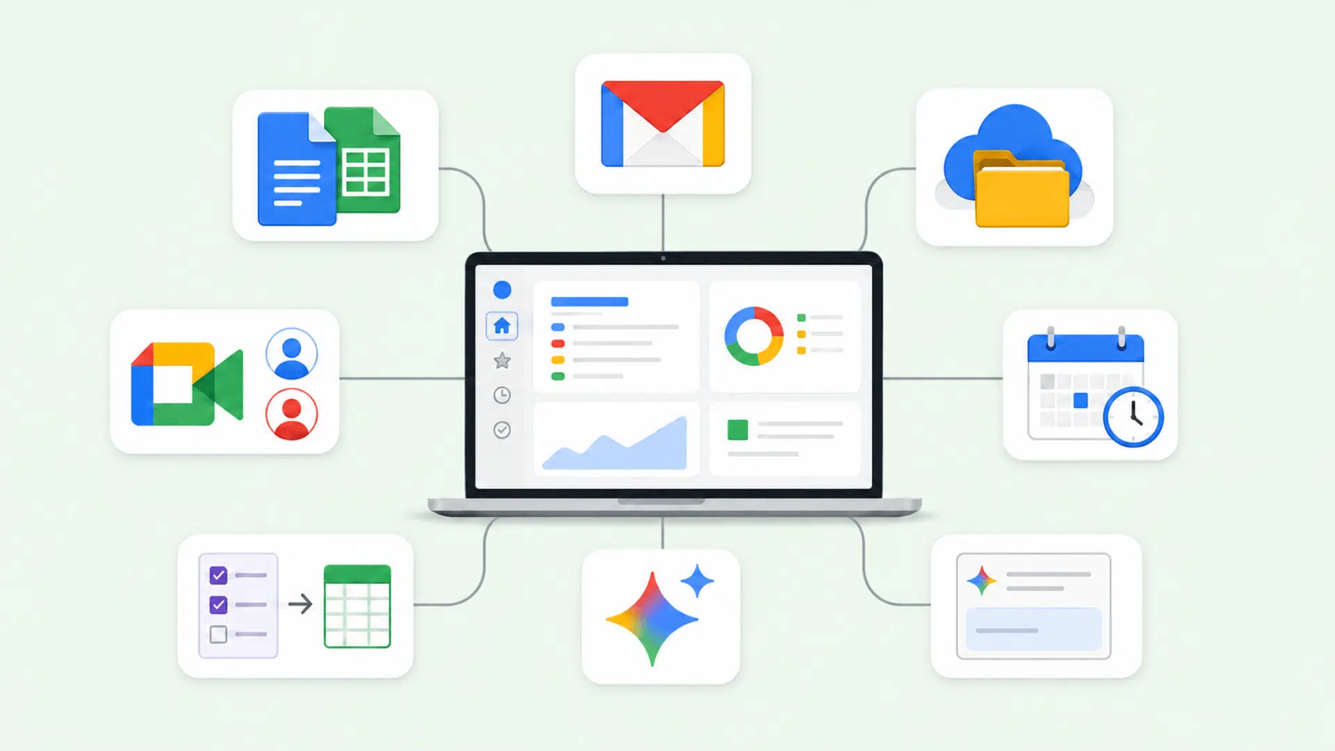 a laptop dashboard linked to email, files, cloud storage, calendar, and ai icons
