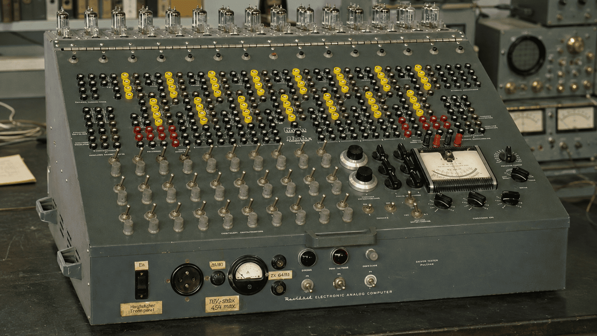 vintage analog computer with vacuum tubes and controls in a mid-century electronics lab