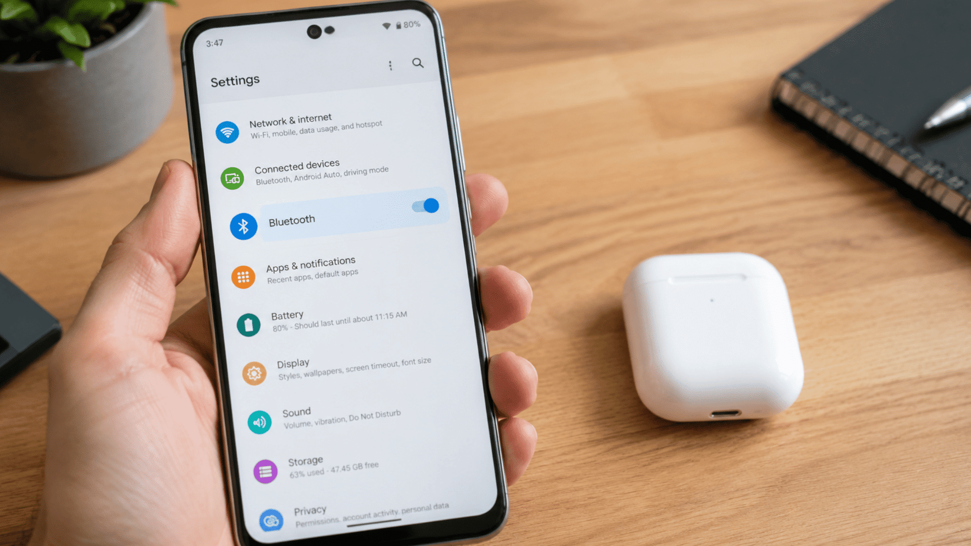 android Bluetooth settings turned on next to a closed AirPods charging case