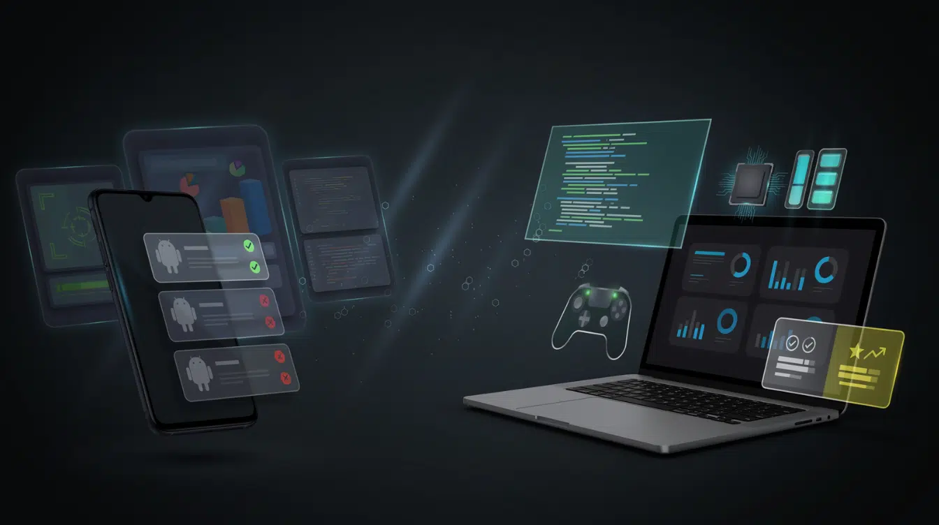 android emulator app testing with laptop code interface and virtual device screens