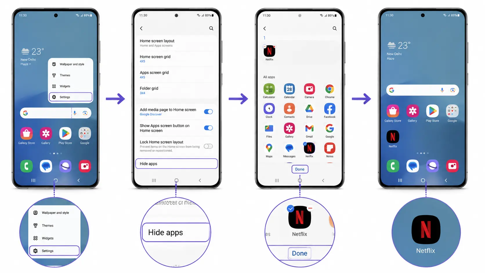 android phone tutorial showing how to unhide apps using home screen settings hide apps menu and app restoration steps