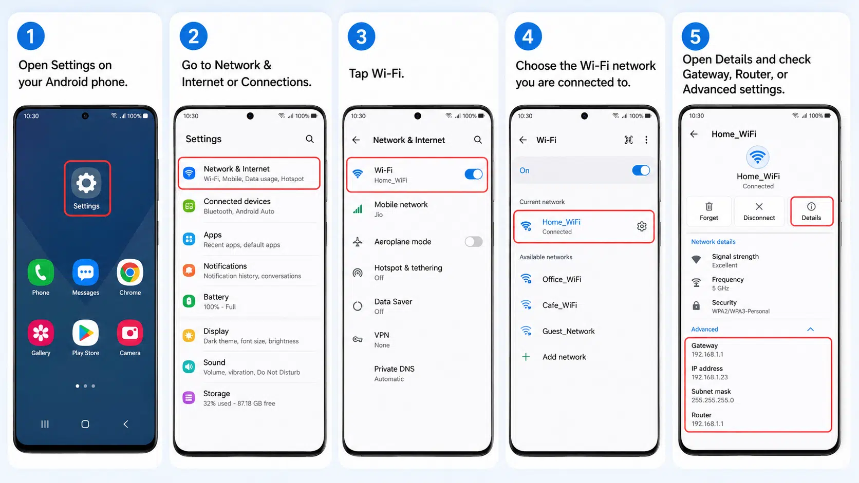 android wifi settings showing advanced network details with gateway or router address information