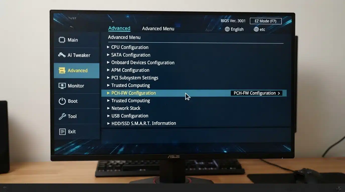 asus bios advanced mode showing pch fw configuration and tpm settings