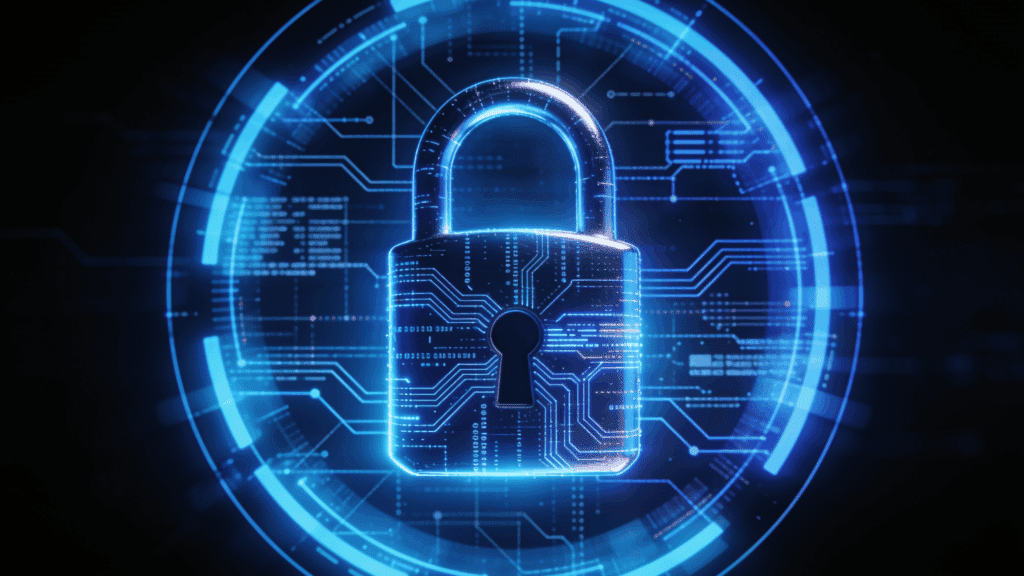 Glowing digital padlock with circuit connections representing cybersecurity, data protection, and account security.