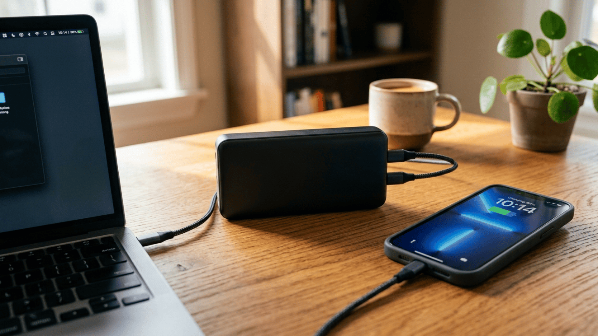 black power bank charging a smartphone and laptop on a wooden desk with usb cables