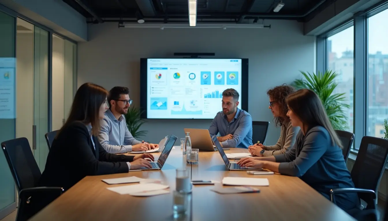 business team collaborating in a modern office with laptops documents and ai powered productivity tools for workflow management