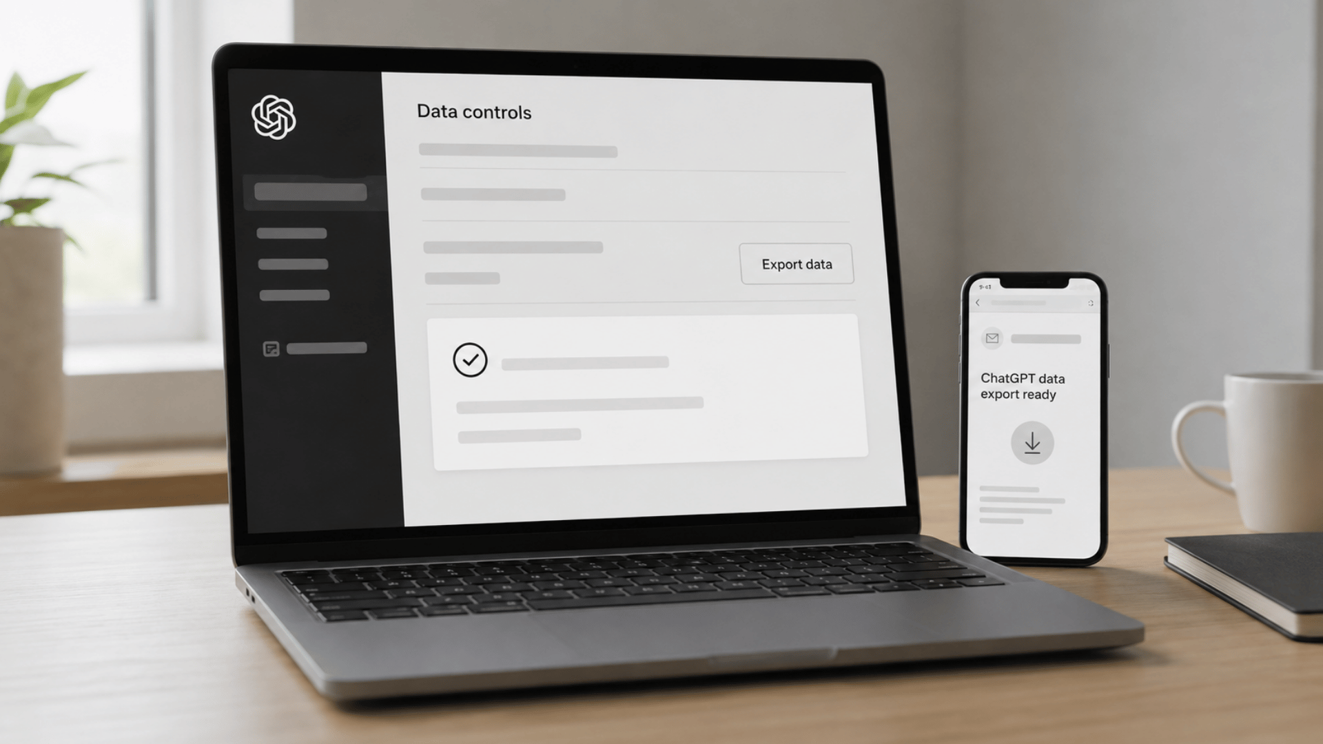 ChatGPT data export settings on a laptop with a download notification on a phone