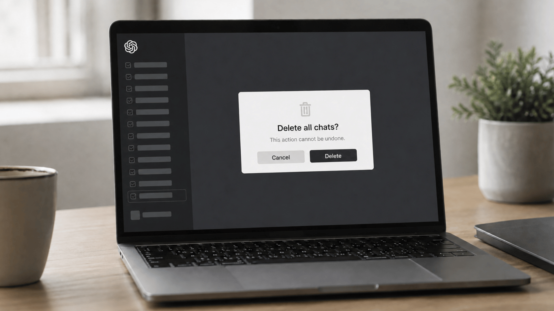 ChatGPT delete all chats confirmation displayed on a laptop screen