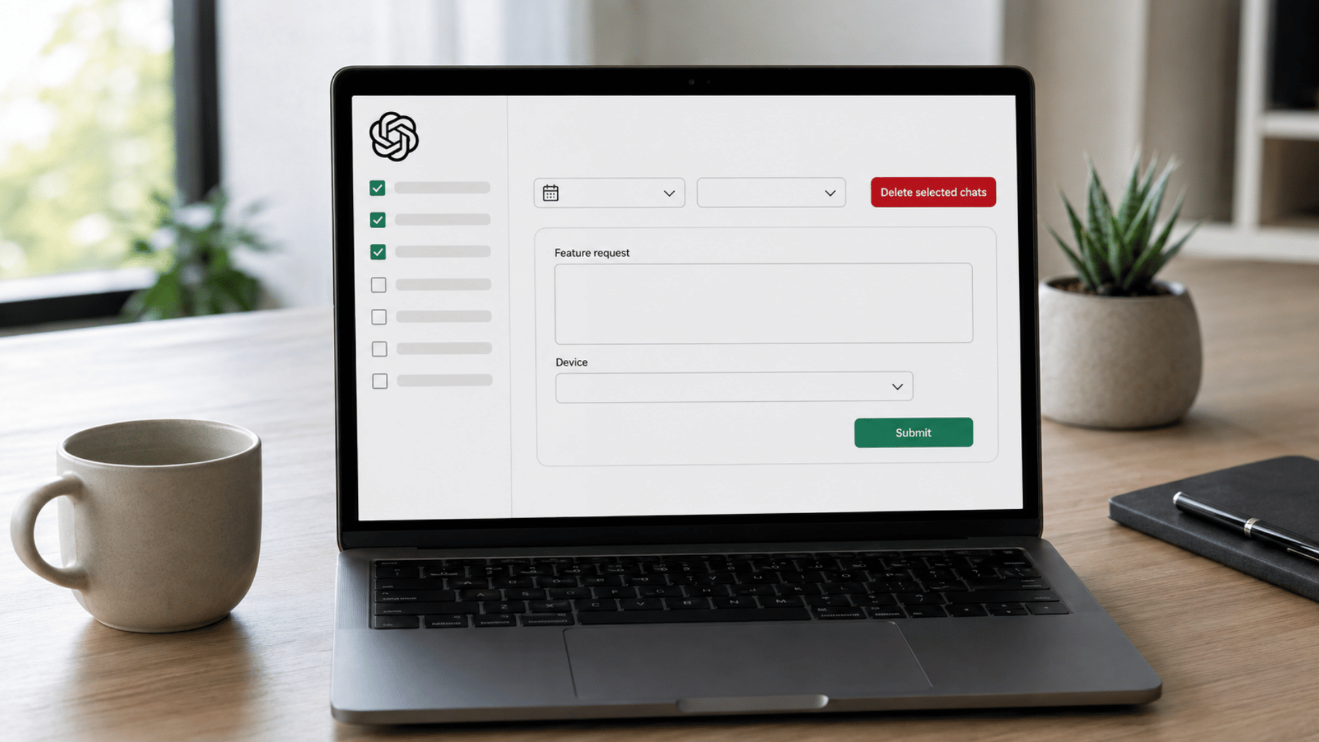 ChatGPT feature request form for improved chat-management controls on a laptop