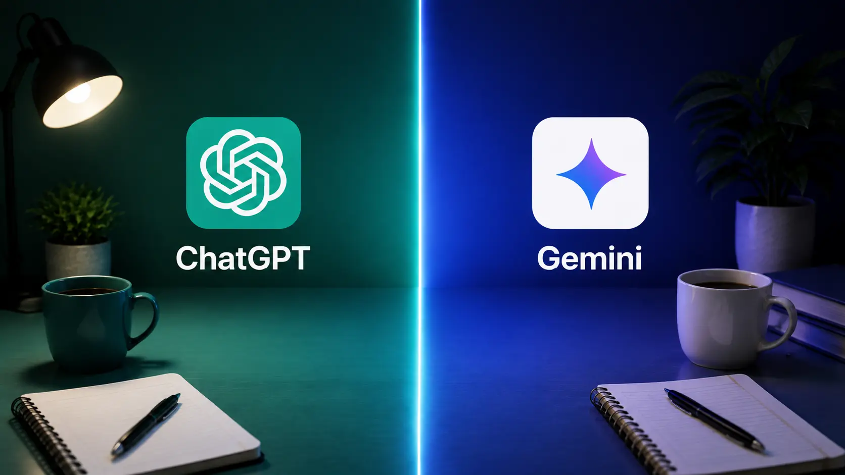 chatgpt vs gemini comparison showing two ai assistants side by side in a modern digital workspace