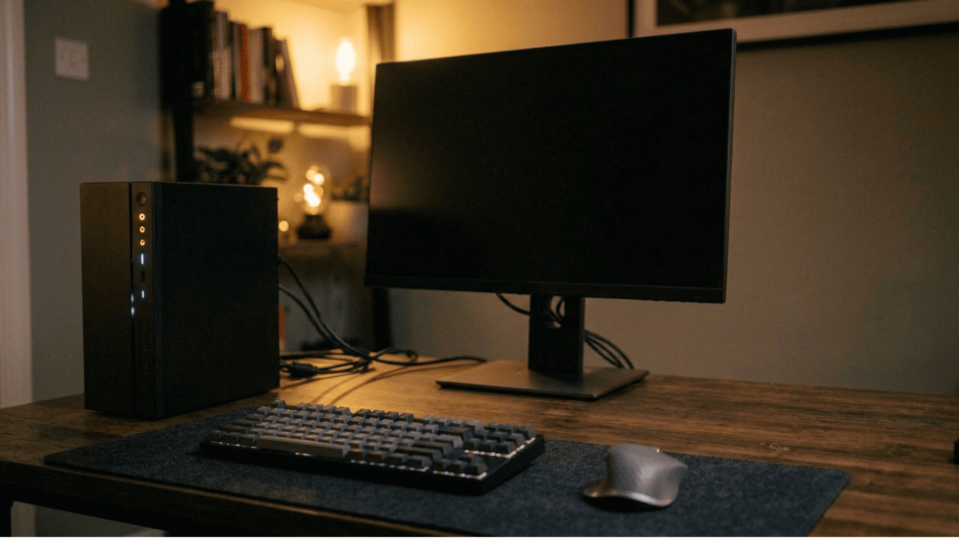 Computer tower lights glowing during startup diagnostics