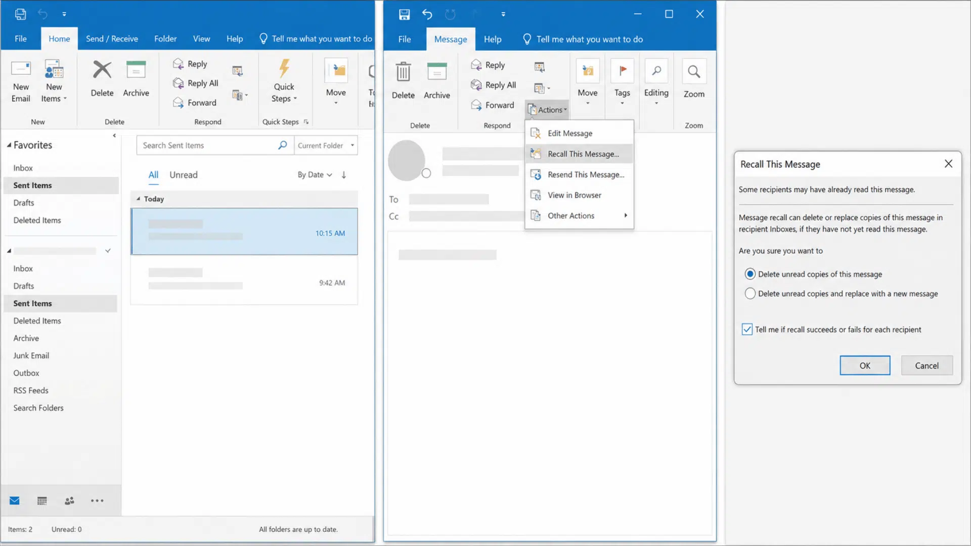classic outlook panels showing sent items, actions menu, and message recall box.