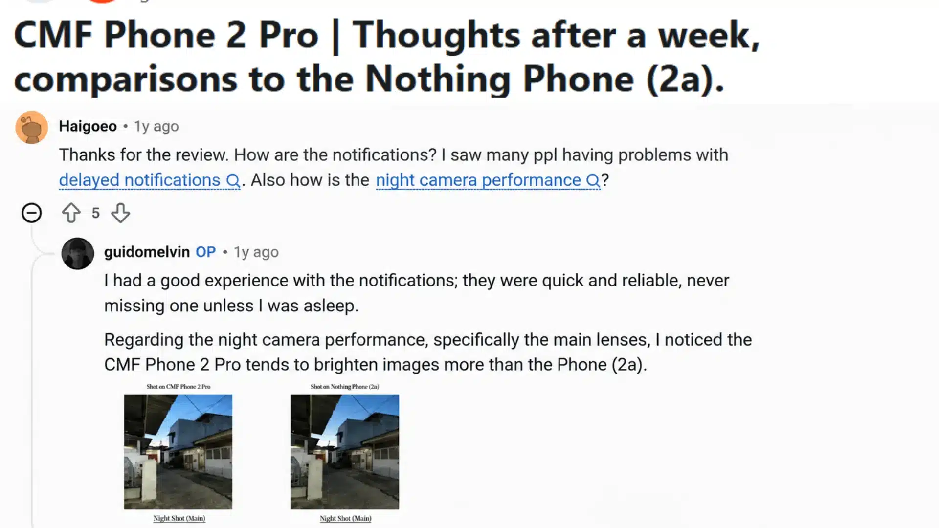 cmf phone 2 pro owner discussion about notifications and night camera performance comparison