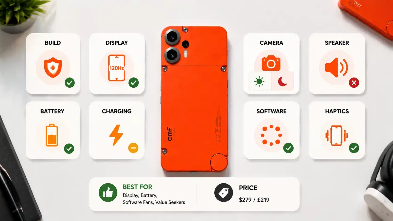 cmf phone 2 pro review infographic showing features battery display camera software and price summary