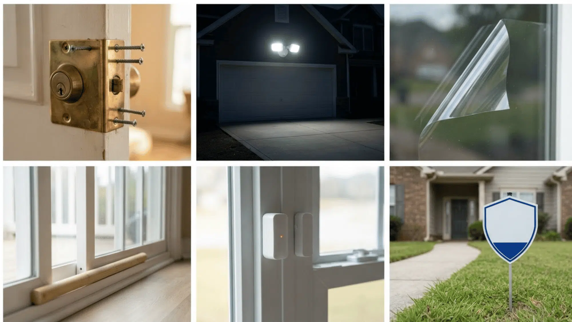 Collage of door reinforcement, motion lights, window film, security bar, alarms, and a yard sign