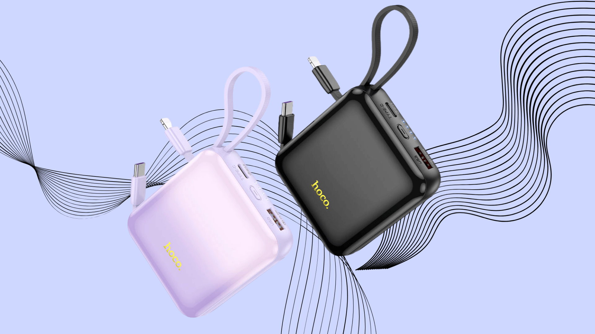 compact power banks with built-in charging cables in black and purple colors