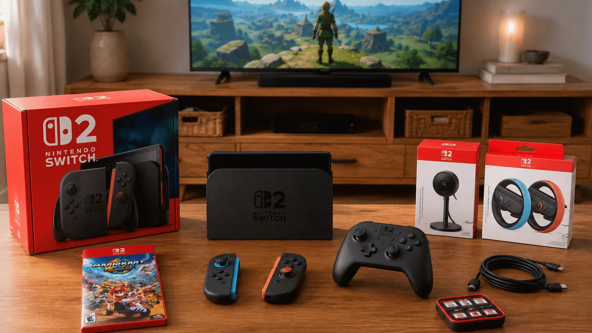 complete nintendo switch 2 gaming setup with console, dock, joy-con controllers, pro controller, accessories, and game displayed on a wooden table in a modern living room