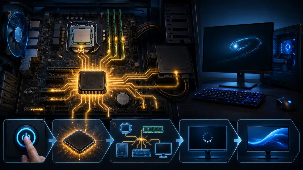 computer motherboard with glowing bios chip connecting hardware components during system startup with monitor and boot process visualization