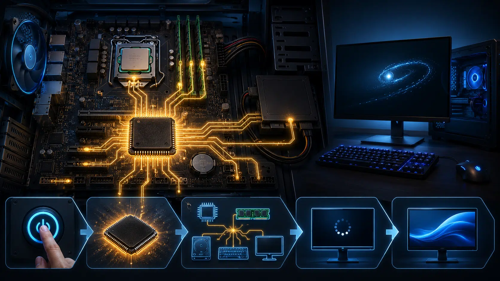 computer motherboard with glowing bios chip connecting hardware components during system startup with monitor and boot process visualization