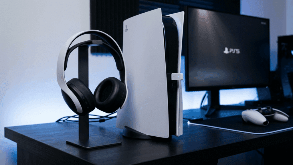 Bluetooth headphones beside a PS5 console with a USB transmitter connected