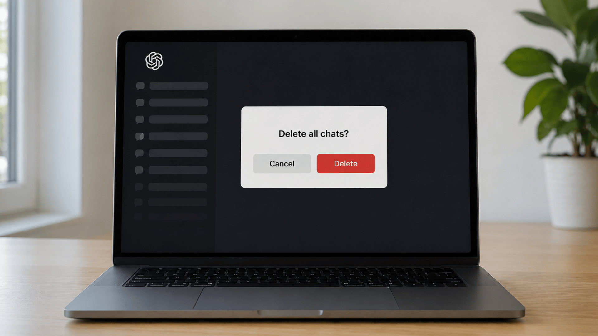 ChatGPT delete all chats confirmation displayed on a laptop screen