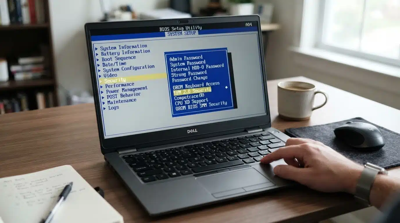 dell bios security menu showing tpm security option enabled settings