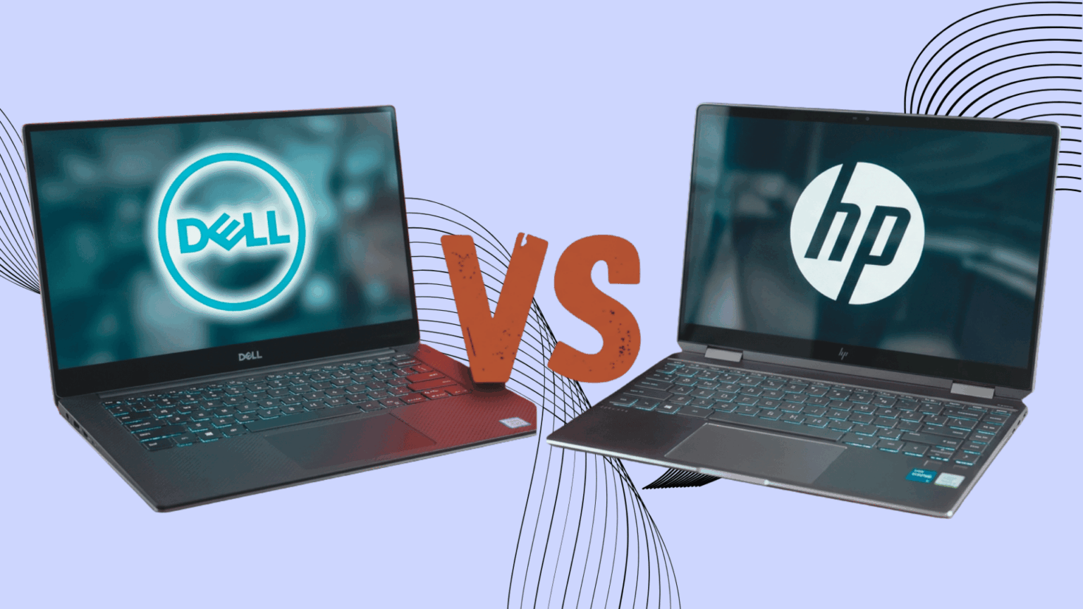 open dell and hp laptops facing each other with a large orange vs symbol between them