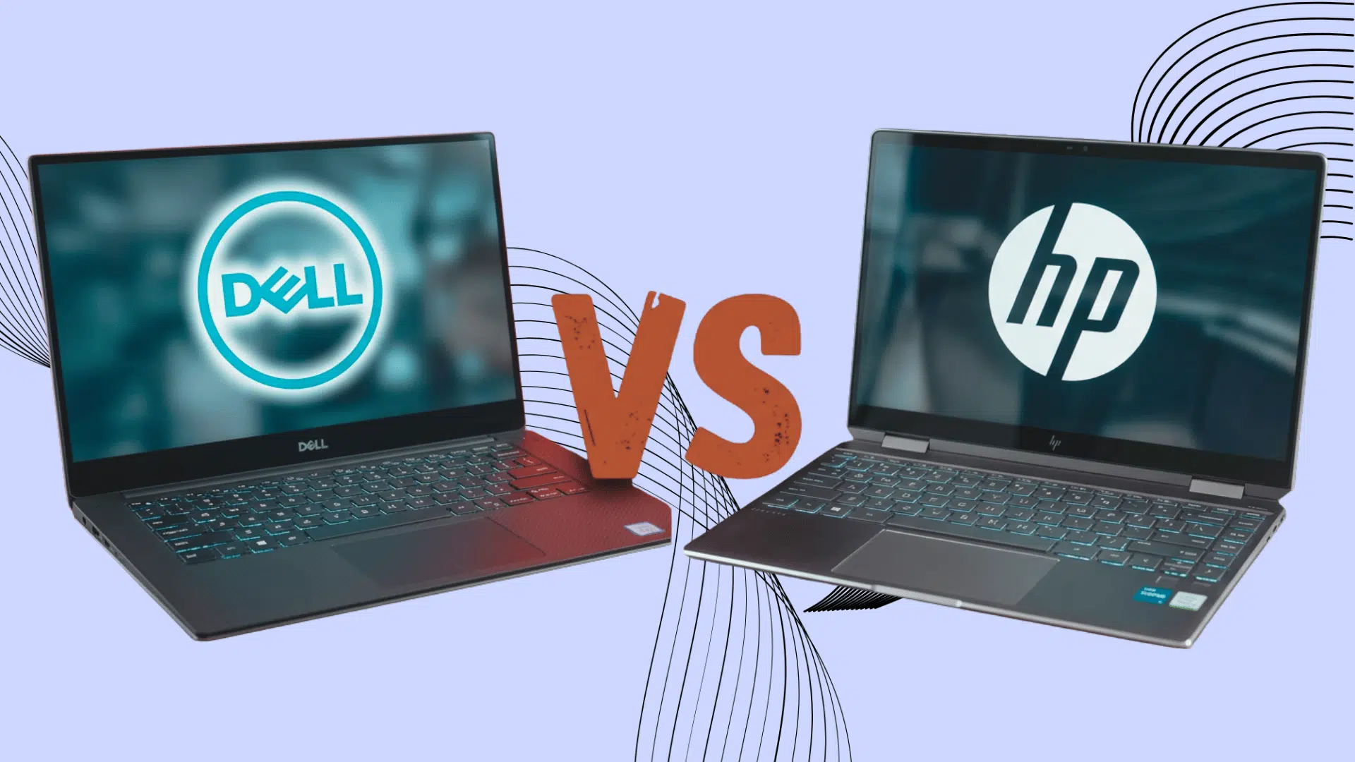 open dell and hp laptops facing each other with a large orange vs symbol between them