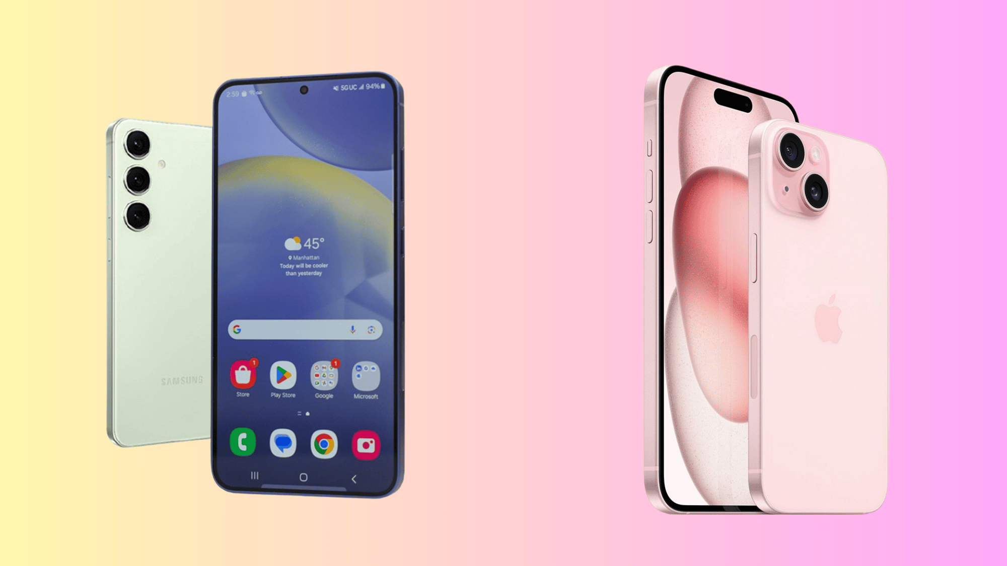 Green Samsung Galaxy phone with home screen beside pink iPhone on colorful background