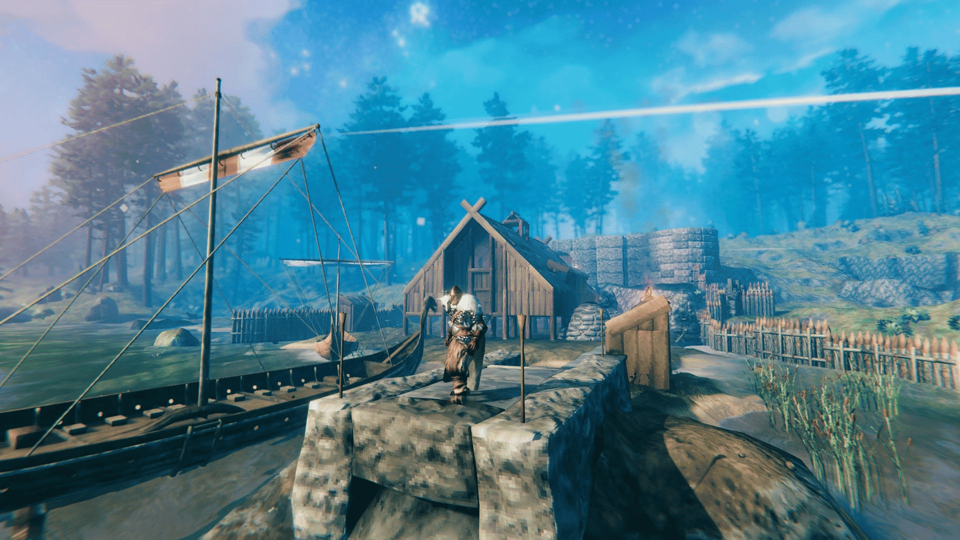 valheim warrior standing in tall grass before a large wooden village hall
