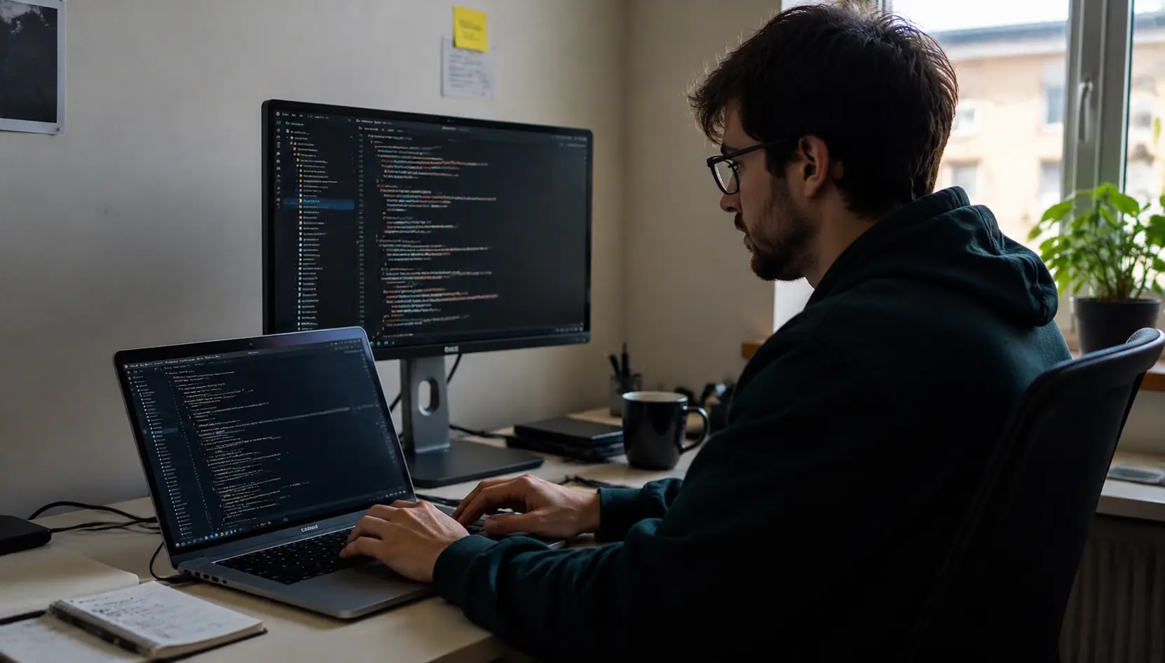 developer coding at a desk with multiple screens showing code in a natural home office workspace with notebook and coffee cup